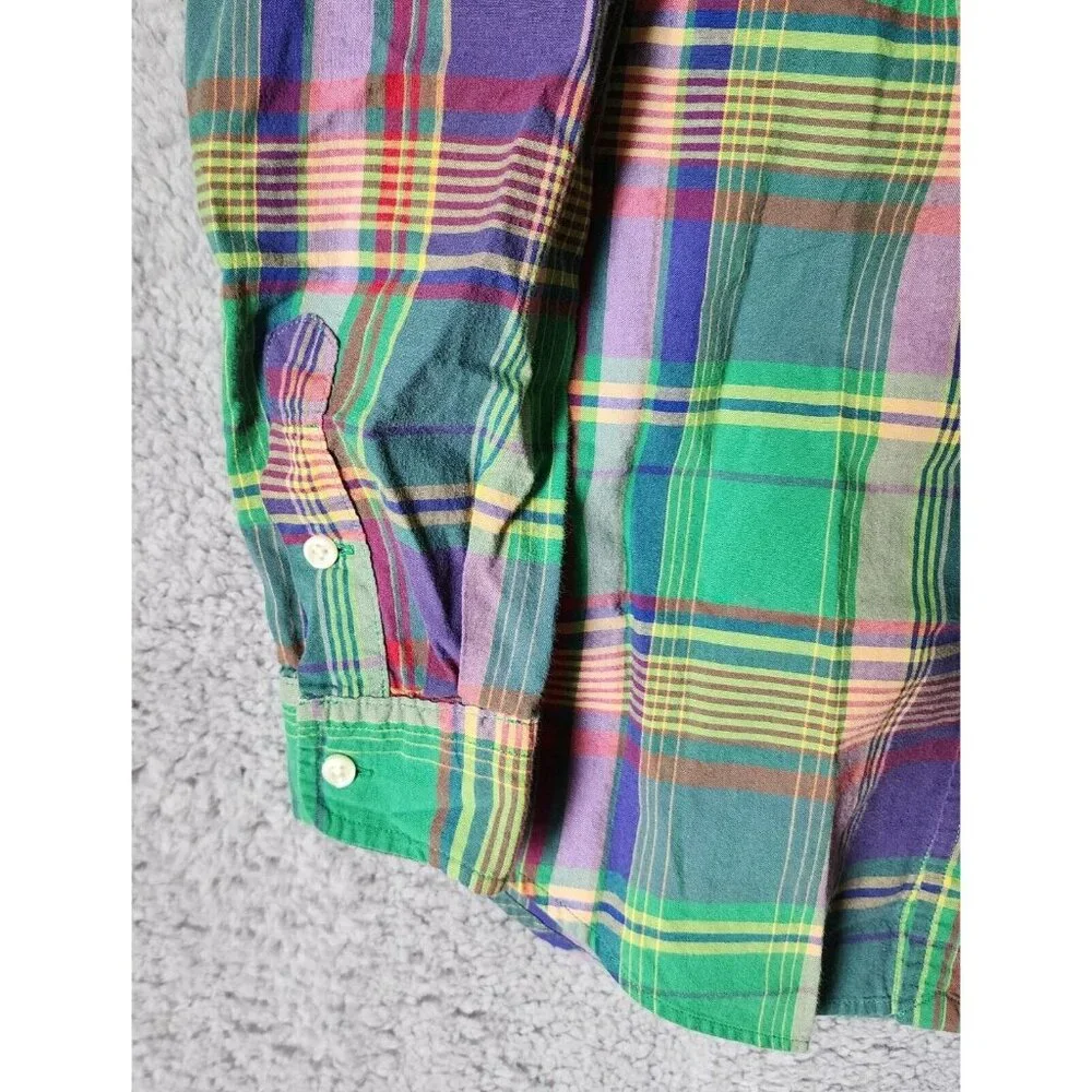Ralph Lauren Green Plaid Button Down Long Sleeve Polo Shirt Youth Size 6‎ Cotton